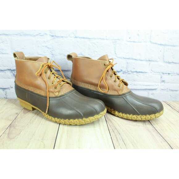 LL Bean Brown Leather Ankle Duck Boots Lace Up Unlined Size 13 M - Picture 3 of 9